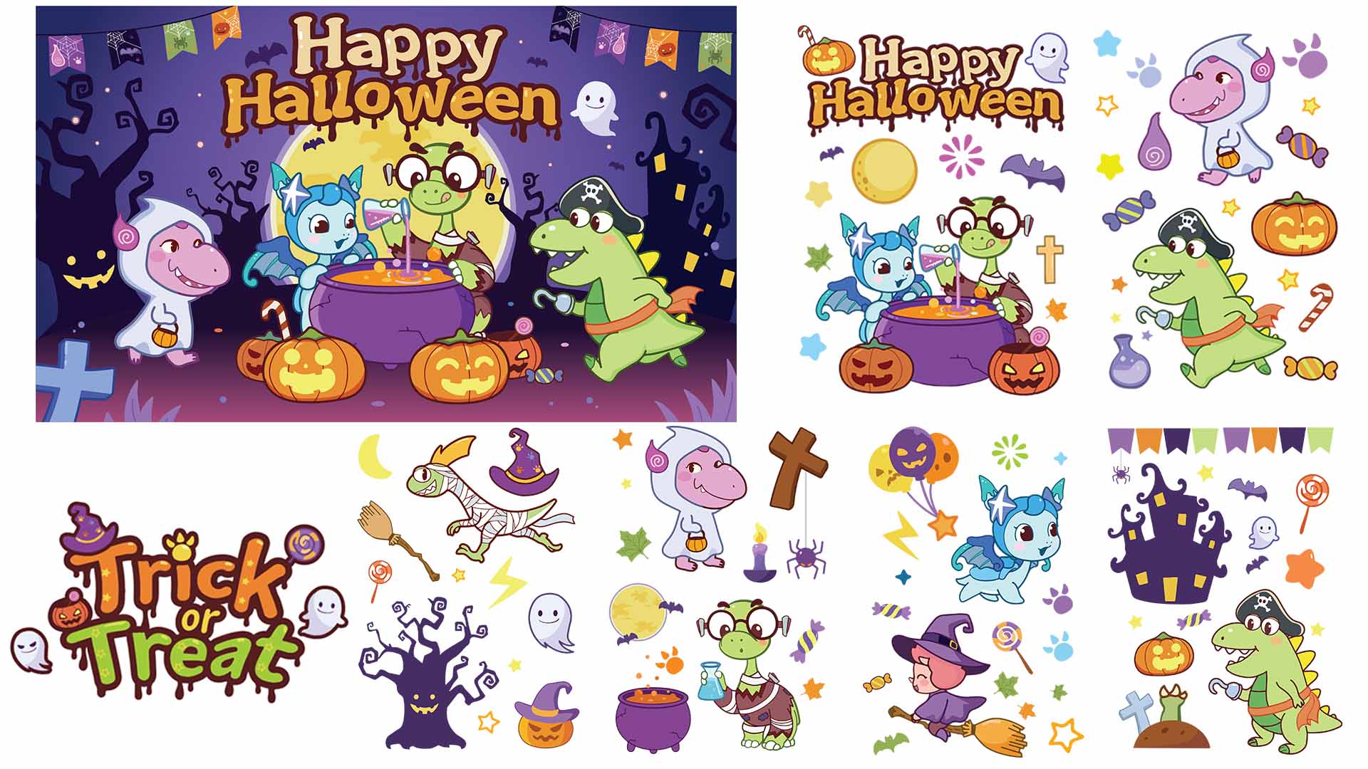 The Moyu Animation Company墨羽动画旗下动画片三只小恐龙Three Little Dinosaurs剧照 The Moyu Animation Company Three Little Dinosaurs sticker design- Halloween theme